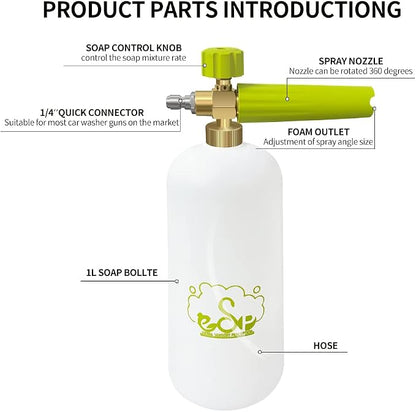 ESP Foam Cannon Snow Foam Lance Pressure Power Jet Washer Quick Release Adjustable Nozzle with 1 Liter Bottle Washing Mitts 1 Towel