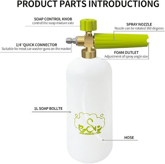 ESP Foam Cannon Snow Foam Lance Pressure Power Jet Washer Quick Release Adjustable Nozzle with 1 Liter Bottle Washing Mitts 1 Towel