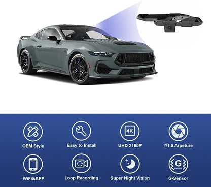 Fitcamx 4K Dash Cam Compatible with Ford Mustang 2024 2025 Ecoboost GT Premium Dark Horse, Integrated OEM Look, UHD 2160P Video, Loop Recording, Built-in WiFi & APP, G-Sensor, Plug & Play, 64GB Card