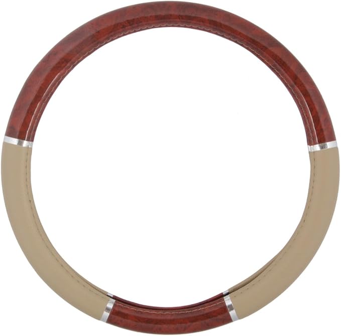 BDK Dark Wood Grain Car Steering Wheel Cover, Standard 15 inch with Beige Faux Leather Grip, Made to Fit Most Auto Truck Van SUV
