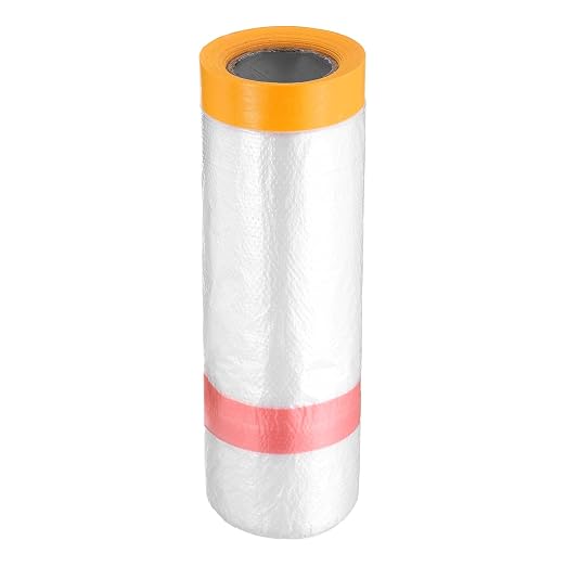 HARFINGTON Pre-Taped Masking Film 43.3" x32.8ft Double Adhesive Tape and Drape Painters Plastic Drop Cloth Film with Tape Plastic Sheeting for Automotive Painting Covering