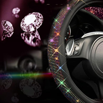CAR PASS Diamond Leather Steering Wheel Cover, with Bling Crystal Rhinestones Fit Suvs,Vans,Sedans,Cars,Trucks Universal Fit 14.5-15inch Crystal Glitter for Women Sparkle Girl, Multicolor Diamond