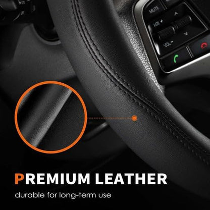 HOTOR Car Steering Wheel Cover - Universal Car Accessory for Diverse Cars, Leather Cover with Anti-Slip Lining, for Steering Wheel with a Diameter of 14.5"-15",Black