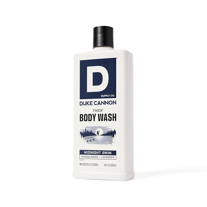 Duke Cannon Supply Co. Thick High Viscosity Body Wash - 3X Thicker, Plant-Based, Mineral-Enriched Body Wash for Men - Sandalwood and Lavender - Mens Body Scrub - Midnight Swim (18 oz) (Pack of 2)