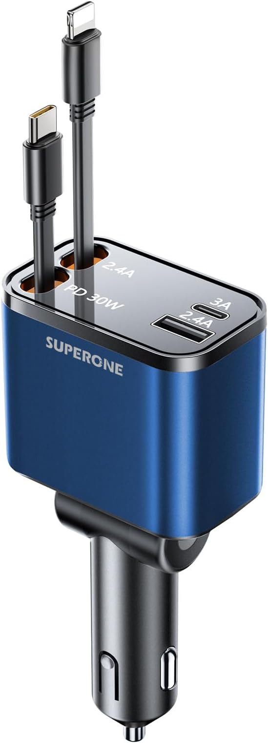 [Upgraded] 4 in 1 Retractable Car Charger, SUPERONE Smaller Fast Car Phone Charger 69W with Cord, USB C and iPhone Car Charger Adapter, Compatible iPhone 17/17 Pro Max/16/15/14/13, Sumsung