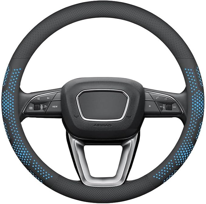 Yangday Leather Steering Wheel Cover for Jeep Wrangler Grand Cherokee Compass, 14.5-15 inches Car Steering Wheel Cover with Non-Slip Breathable (Blue)