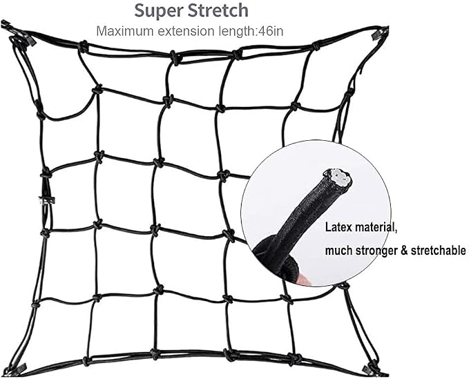 KOFULL 20" x 20" Cargo Net, Bungee net with 8 Hooks, Small Cargo net Stretches to 42" x 42", Cargo Netting with 2" x 2" Mesh for Motorcycle, Bike, ATV - Free 1 PC Luggage Fixed Strap Rope