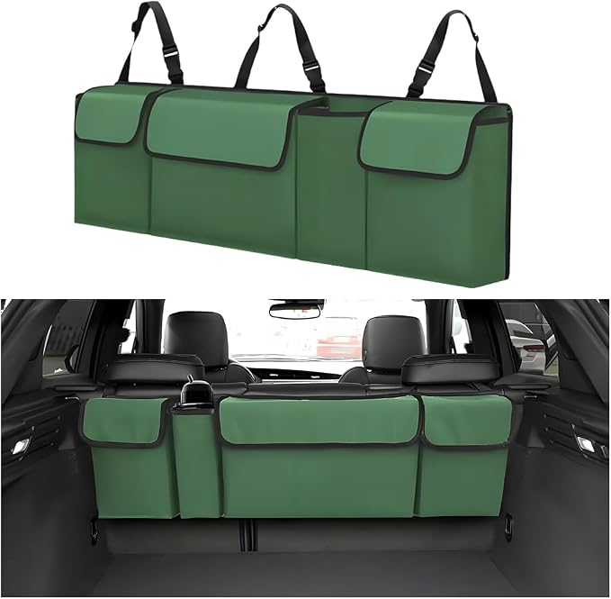 Car Trunk Organizer with Lid, Large Waterproof Vehicle Backseat Hanging Storage Bag with 4 Pockets & Adjustable Straps, Collapsible Automotive Interior Cargo Bag, Universal Fit (Green)