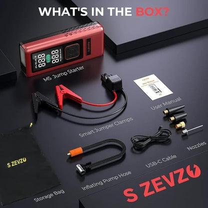 S ZEVZO Car Jump Starter with Air Compressor, 4000A 150PSI Jump Box Battery Pack(6.0 Gas/4.0L Diesel), Portable 12V Jump Box with Auto-Shutoff Tire Inflator, USB Ports, LCD Display & LED Light