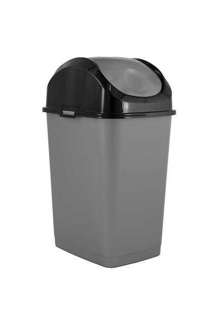 Superio Small 2.5 Gallon Plastic Trash Can with Swing Top Lid, Compact Slim Waste Bin for Under Desk, Office, Bedroom, Bathroom, Dorm Room, 10 Qt. Portable Garbage Can (Grey/Black)