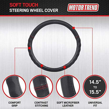 Motor Trend Faux Leather Steering Wheel Cover, Standard 15 inch Size, Comfort Grip Design, Solid Black Car Steering Wheel Cover for Truck Van SUV Auto