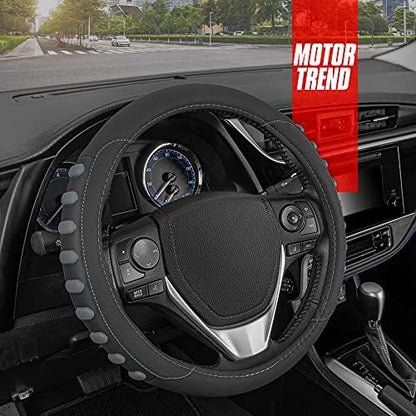 Motor Trend FlexGrip Gray Steering Wheel Cover for Cars – Standard 15 inch Car Steering Wheel Cover, Gray and Black Steering Wheel Protector for Auto Truck Van SUV