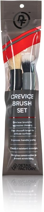 Detail Factory - Crevice Cleaning Detailing Brush Kit for Small Spaces - Mini Set Boar's Hair Brush + Ultra-Soft Synthetic Brush - Black & Gray - 2 Pack