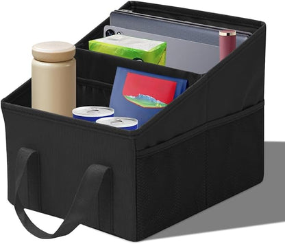 Craedli Car Seat Organizer, Collapsible Trunk Organizer Backseat Car Storage Box with 2 Compartments and Multiple Pockets, Passenger Seat Organizer with Handles for Front/Back Consoles (Black)
