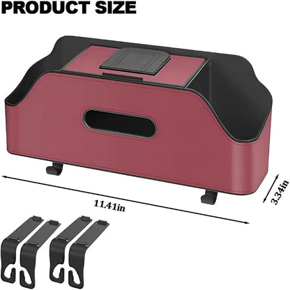 Car Backseat Headrest Organizer, Multifunctional 4-in-1 Back Seat Tissue Box with Cup Holders Hooks, Auto Seat Back Storage Organizer for Hold Phones, Drinks, Bags, Universal Fit (Red)