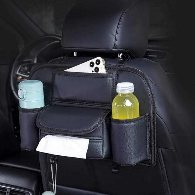 Generic Car Back Seat Organizer Hanging Car Storage Bag Automotive Seat Back Organizers Leather Car Storage Pocket with Tissue Holder