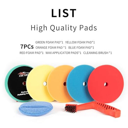 CARROAD 7pc 6.5 Inch Buffing Pads Kit - Heavy Cut to Finishing Foam & Wool Pads for DA/RO Polisher - Removes Scratches, Oxidation & Swirl Marks - 50+ Reusable Cycles