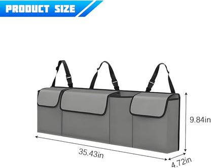 Car Trunk Organizer with Lid, Large Waterproof Vehicle Backseat Hanging Storage Bag with 4 Pockets & Adjustable Straps, Collapsible Automotive Interior Cargo Bag, Universal Fit (Grey)