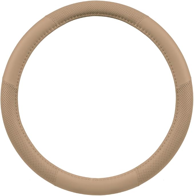 Motor Trend Perforated Microfiber Leather Steering Wheel Cover for Cars Trucks SUVs Vans, Sporty Racing Improved Grip Anti-Fatigue Ergonomic Design, Airbag Compatible - Fits Standard 15" Inch - Beige