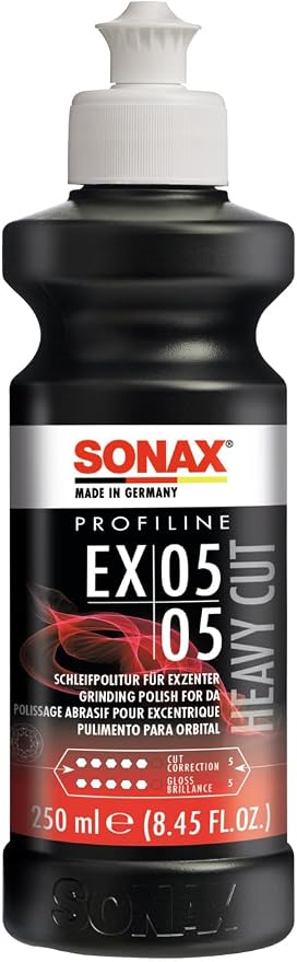 SONAX Profiline ExCut 05-05 | Heavy Cut Compound for Deep Scratch & Swirl Removal | High-Gloss Finish | Removes P1500 Sanding Marks, Scratches & Etching | Silicone-Free & Low Dust | 245141 | 250ml