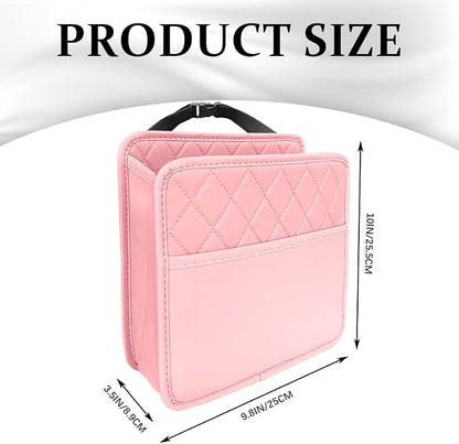 Car Seat Back Organizer, Leather Backseat Hanging Storage Bag, Multipurpose Car Hanging Trash Bag with 2 Compartments, Car Large Capacity Pouch Pocket for Kids & Adults (Pink)