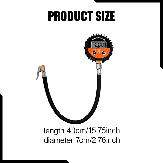 Tire Pressure Tester & Inflation Hose with Flexible 40cm (15.75 inch) Hose for Trucks, Cars, Motorcycles