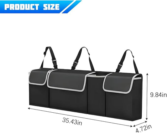 Car Trunk Organizer with Lid, Large Waterproof Vehicle Backseat Hanging Storage Bag with 4 Pockets & Adjustable Straps, Collapsible Automotive Interior Cargo Bag, Universal Fit (Black)