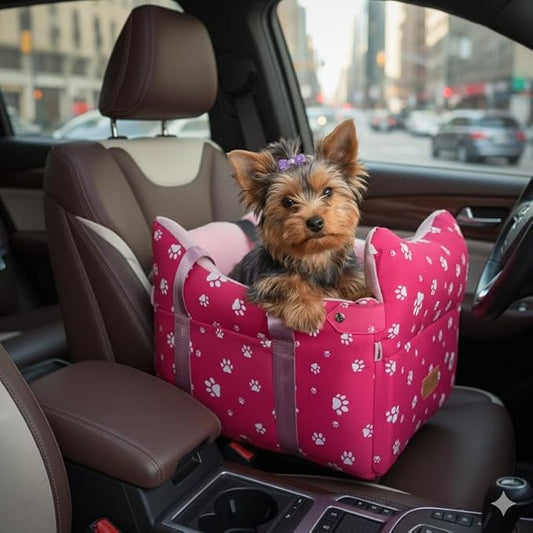 Dog Car Seat for Console - Memory Foam Pet Booster Seat for Small Medium Dogs Up to 21 lbs - SUV Truck Center Console Dog Seat with Safety Leash & Storage Pockets - Washable Cover (Large Rose Red)