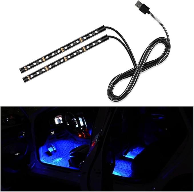 Yourkar Car LED Strip Light, 24 LED Auto Interior Under Dash Atmosphere Lights with USB Port, Vehicle Decor Lamp Ambient Night Light Strip Lighting Kit, Universal Car Accessories (Blue)