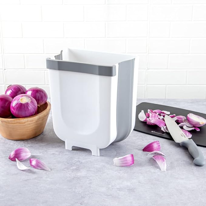 Restaurantware RW Base 11.4 x 10 x 7.1 Inch Foldable Trash Bin 1 Collapsible Garbage Can - Mountable U-Shaped Slot Gray Plastic Trash Can Detachable Retainer Plate With Fixed Feet