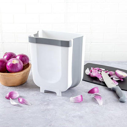Restaurantware RW Base 11.4 x 10 x 7.1 Inch Foldable Trash Bin 1 Collapsible Garbage Can - Mountable U-Shaped Slot Gray Plastic Trash Can Detachable Retainer Plate With Fixed Feet