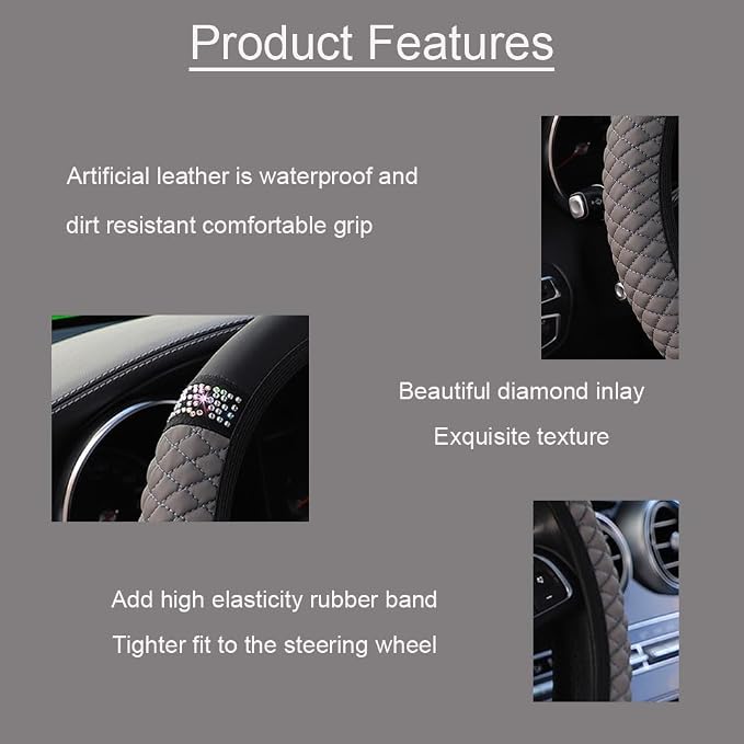 Microfiber Leather Steering Wheel Cover with Anti-Slip Lining Universal Car Accessory for Steering Wheel with a Diameter of 14.5-15 inch (Grey)