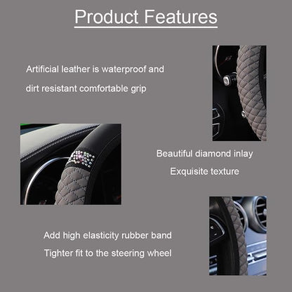 Microfiber Leather Steering Wheel Cover with Anti-Slip Lining Universal Car Accessory for Steering Wheel with a Diameter of 14.5-15 inch (Grey)