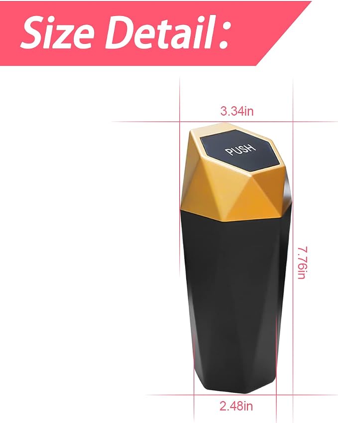 Car Trash Can with Lid, Mini Portable Auto Garbage Can, Small Leakproof Diamond Design Trash Dustbin, Waterproof Vehicle Rubbish Bins for Automotive Car, Home, Office, Kitchen, Bedroom (Gold,1)