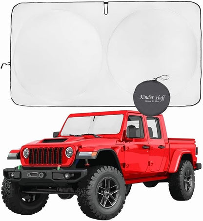 Windshield Sun Shade Compatible for Jeep Wrangler, Rubicon, Sahara, Gladiator, Sport S, Willys 41, High Altitude| Certified 99% UVA & UVB Car Sun Shade. Award Winning & Patented | by Kinder Fluff