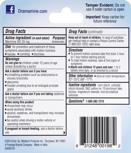 Dramamine Motion Sickness Relief Less Drowsey Formula, 8 Count (Pack of 2)