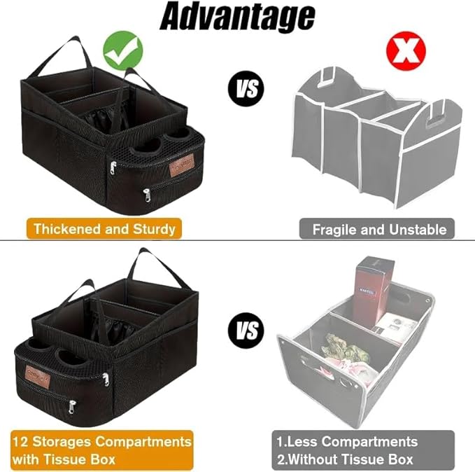 FUNNy elf Car Backseat Organizer for Cars, Collapsible Front Seat Organizer with 4 Cup Holders, Storage Pockets & Dividers, Passenger Seat Organizer for SUV, Truck, Sedan