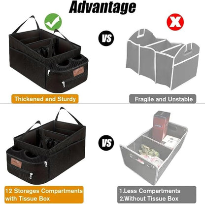 FUNNy elf Car Backseat Organizer for Cars, Collapsible Front Seat Organizer with 4 Cup Holders, Storage Pockets & Dividers, Passenger Seat Organizer for SUV, Truck, Sedan