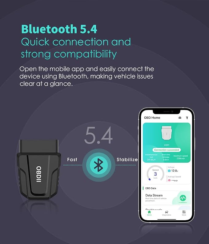 Outzone V011 OBD2 Scanner Bluetooth 5.4 - Car Code Reader & Health Monitor, Full System Diagnostic Tool for Engine, Transmission | Clear Codes, Real-Time Data, iOS & Android App