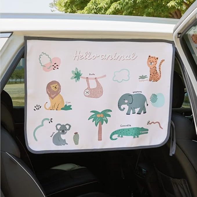Magnetic Car Sun Shade Curtain for Side Window – Sun Blocker and UV Protector for Baby, Kids, and Pets – Universal Fit with Built-in Magnets for Steel-Framed Door (Animal Friends)