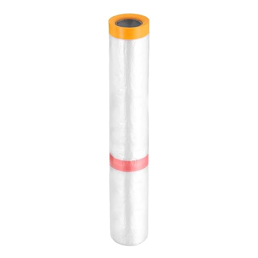HARFINGTON Pre-Taped Masking Film 177.2" x32.8ft Double Adhesive Tape and Drape Painters Plastic Drop Cloth Film with Tape Plastic Sheeting for Automotive Painting Covering