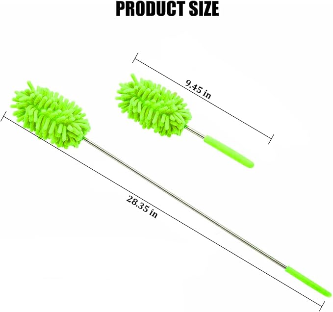 2PCS Car Interior Duster with Extension Pole, 9.45" to 28.35" Microfiber Soft Vehicle Dash Dusting Detailing Wash Brushes, Automotive Dash Cleaning Tool, Universal for SUV RV Truck (Green)