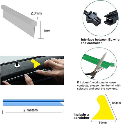 El Wire Ice Blue Interior Car LED Strip Lights, 2M Neon Wire USB 5V with Fuse Protection for Automotive Interior Decoration, with 6mm Sewing Edge