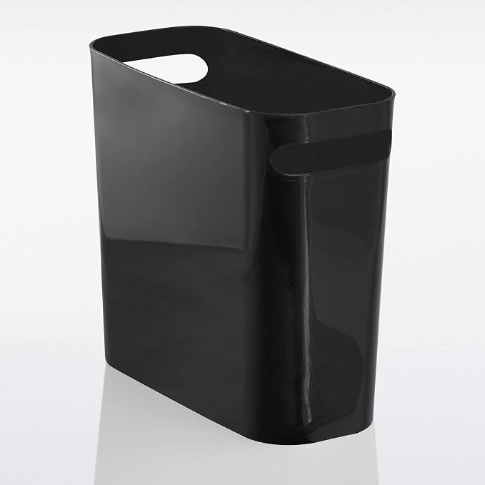 mDesign Plastic Small Trash Can, 1.5 Gallon/5.7-Liter Wastebasket, Narrow Garbage Bin with Handles for Bathroom, Laundry, Home Office - Holds Waste, Recycling, 10" High, Aura Collection, Black