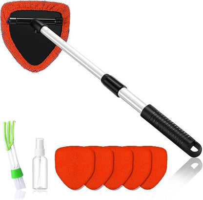 Windshield Cleaning Tool, Extendable Handle Car Window Cleaner with 5 Reusable and Washable Microfiber Pads, Auto Glass Wiper Kit for Interior & Exterior, Ideal for Dirty Car Windows (red)