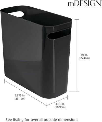 mDesign Plastic Small Trash Can, 1.5 Gallon/5.7-Liter Wastebasket, Narrow Garbage Bin with Handles for Bathroom, Laundry, Home Office - Holds Waste, Recycling, 10" High, Aura Collection, Black