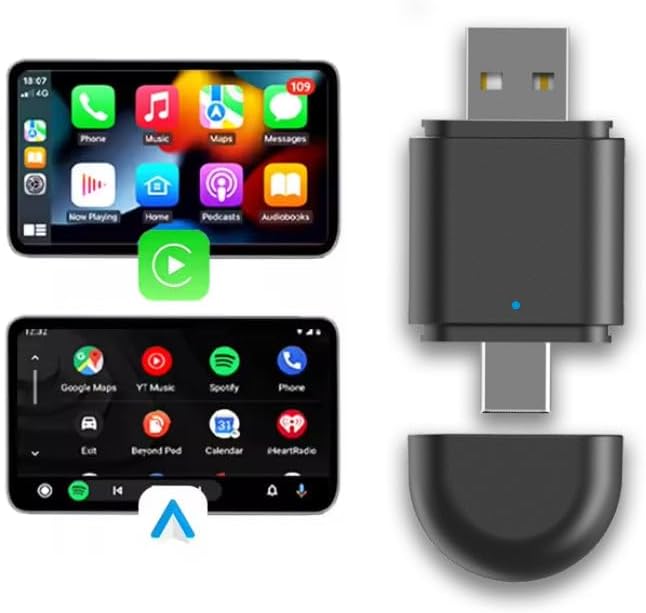 2-in-1 Wireless CarPlay & Android Auto Adapter – Plug & Play USB/Type-C Dongle, Bluetooth 5.4 + 5.8GHz Wi-Fi, Converts Wired CarPlay & Android Auto to Wireless, Fast Stable Connection