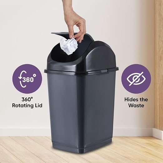 Superio Kitchen Trash Can with Swing Top Lid 9 Gallon Slim Waste Bin 37 Qt Sturdy Plastic Garbage Can Medium Recycling Bin for Office, Bathroom, Under Counter, Dorm, Bedroom (Dark Grey)