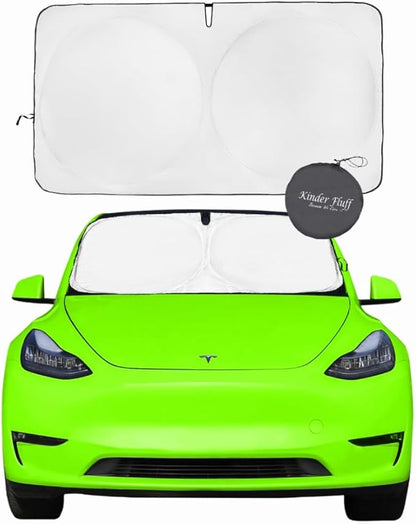 Windshield Sun Shade Compatible for Tesla Model 3/Y | Certified 99.87% UVB & 99.02% UVA Car Sun Shade. Award Winning Sunshade - Patented Technology | Car Shades by Kinder Fluff