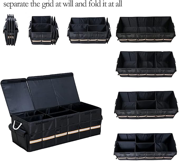 Tianle Car Trunk Organizer - Collapsible Trunk Organizer & Lid Foldable Cover Aluminium Alloy Handle Reflective Strip for Auto, SUV, Truck, Minivan (XL Black)